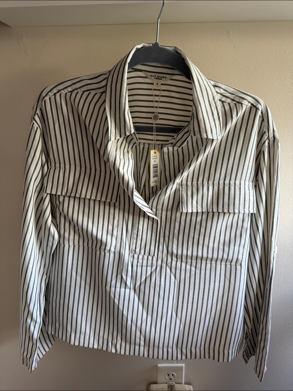 Max Studio London Green & White Striped Button-Up woman Shirt . Size S NWT
